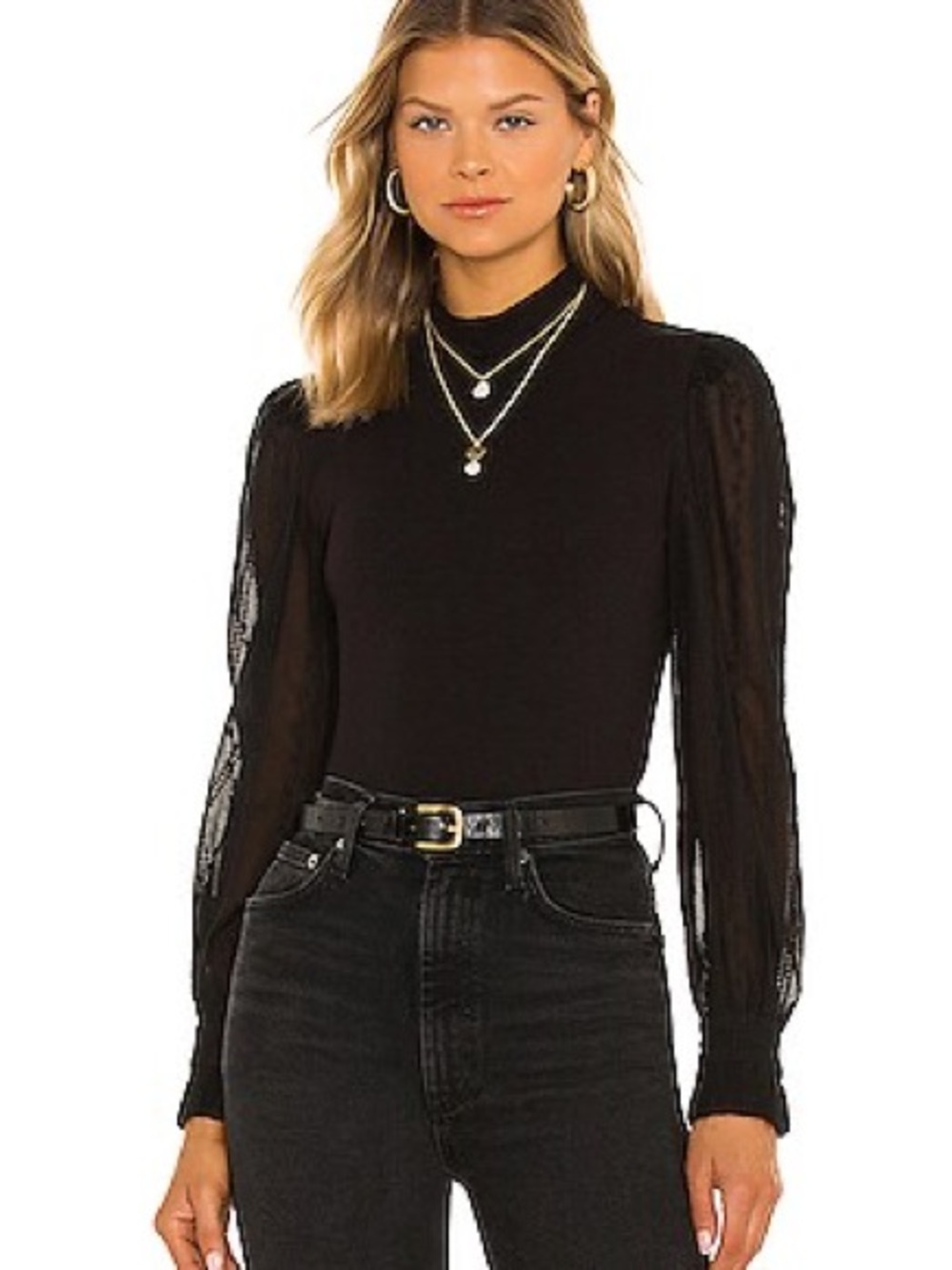 Heartloom Black Puff Sleeve Mock Neck Blouse